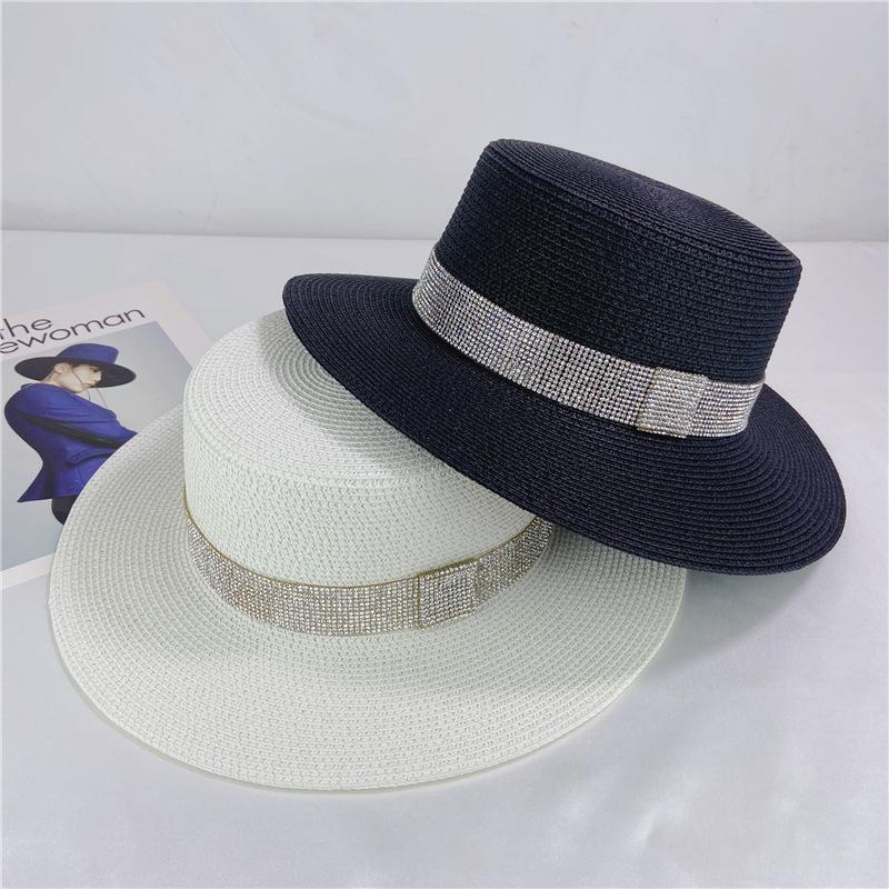 Rhinestone Sparkling Flat Top Straw Hat Female Summer Small Fresh Celebrity Holiday Visor Versatile Beach Hat Female British