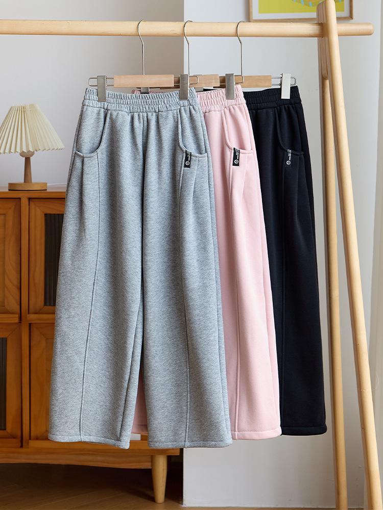 Girls' Fleece-Lined Slim Wide-Leg Winter Pants - Casual, Thick and Loose-Fit Trousers for Kids.