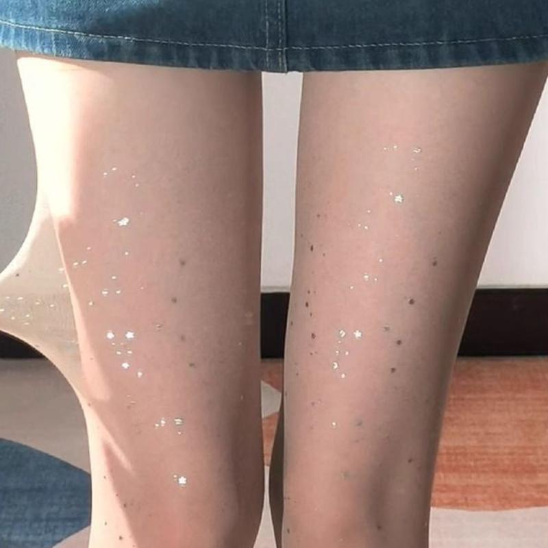 Summer Thin White Sheer Pantyhose with Bling - Bling Sequins, Sparkles, Sexy Star - Shaped Rhinestones for Girls and Baddies