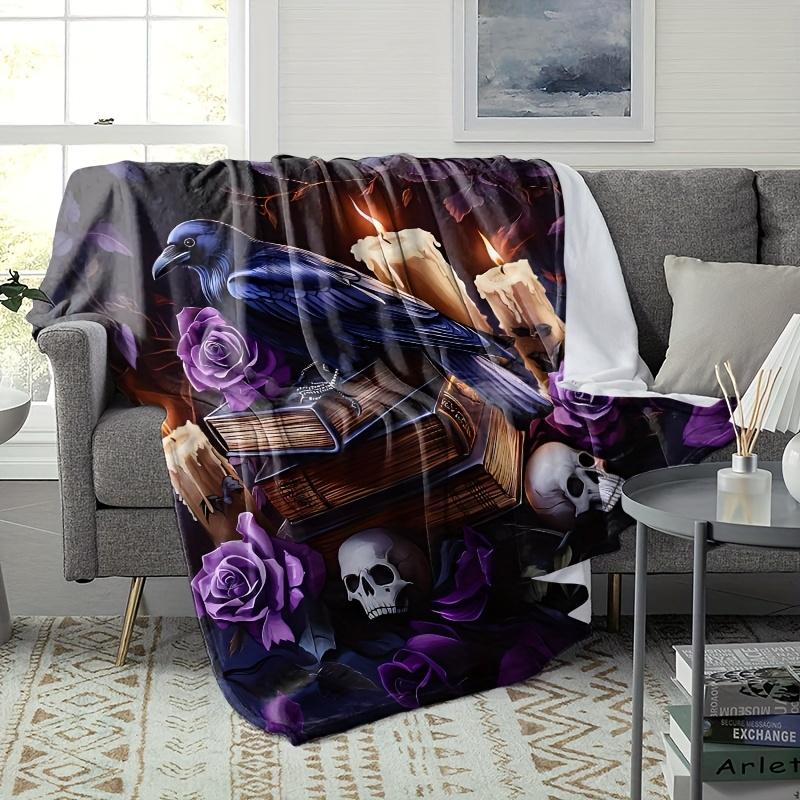 Skull & Raven Flannel Blanket - Gothic Gift Throw for Family/Friends, Multi-Use for Sofa/Nap/Travel/Camping