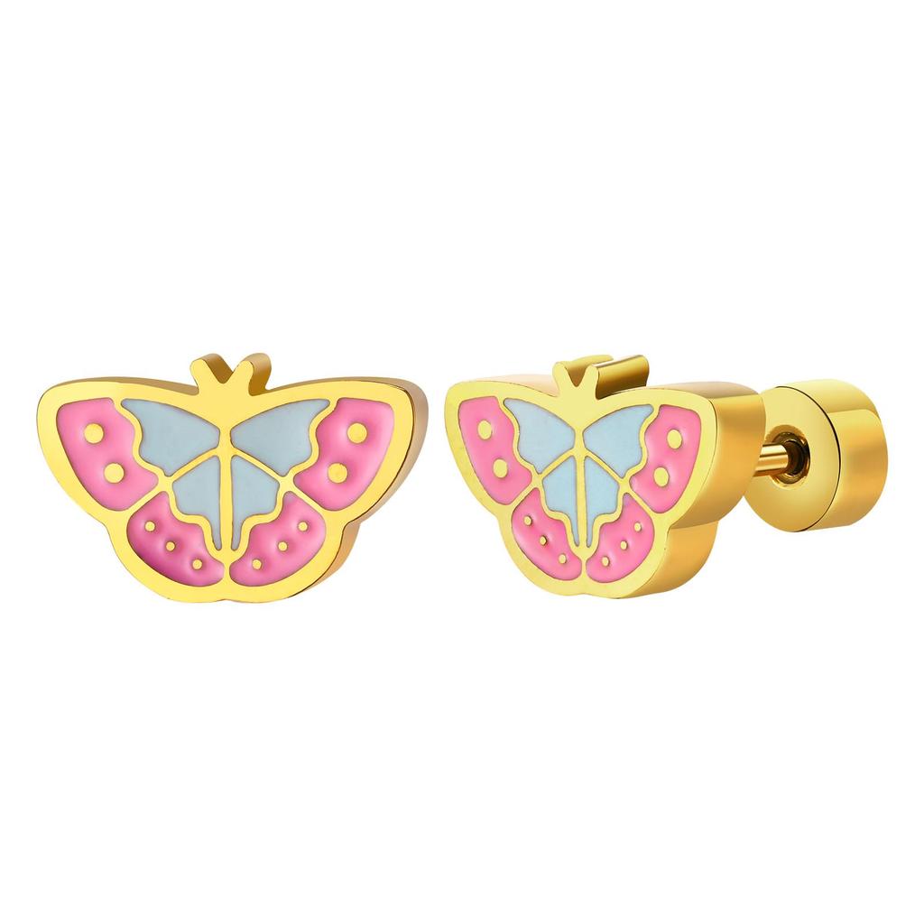 Rockyu Allure Earrings for Butterfly Stainless Pink Birthday Gift Kids, Gold, Design, Steel, Enamel, Cute, Blue, 2g,