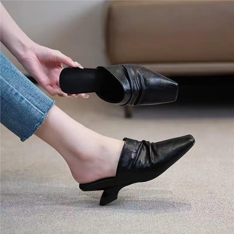 Fashion Baotou Semi-slippers Women's Summer Wear New Lazy Square-toed Pleated Soft Leather Rear Air-cooled Slippers