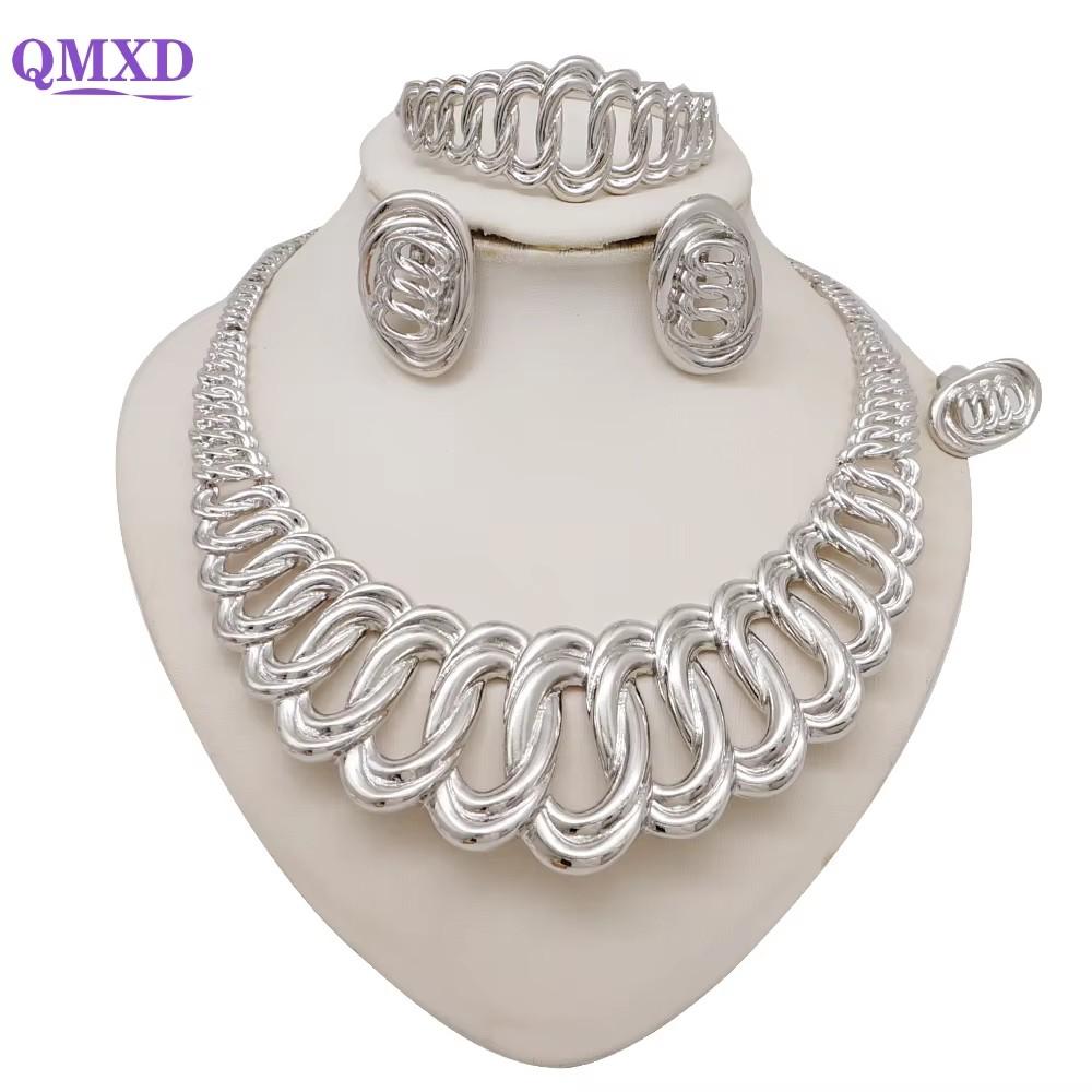 Fashion Indian Dubai Gold Color Jewelry Sets Big Necklace Earring Ring Bracelet Sets For Women African Bridal Wedding Gifts