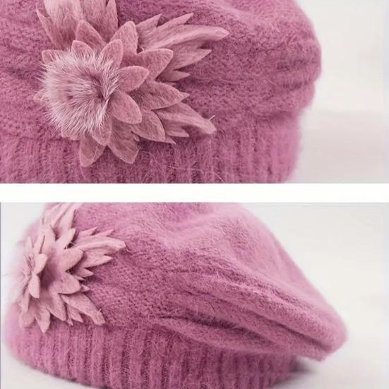 Cappello Basco Lady Flower Vintage Stile Francese Lana Cappello Basco Doppio Strato Ispessito Inverno Cappello Lavorato a Maglia per Donna