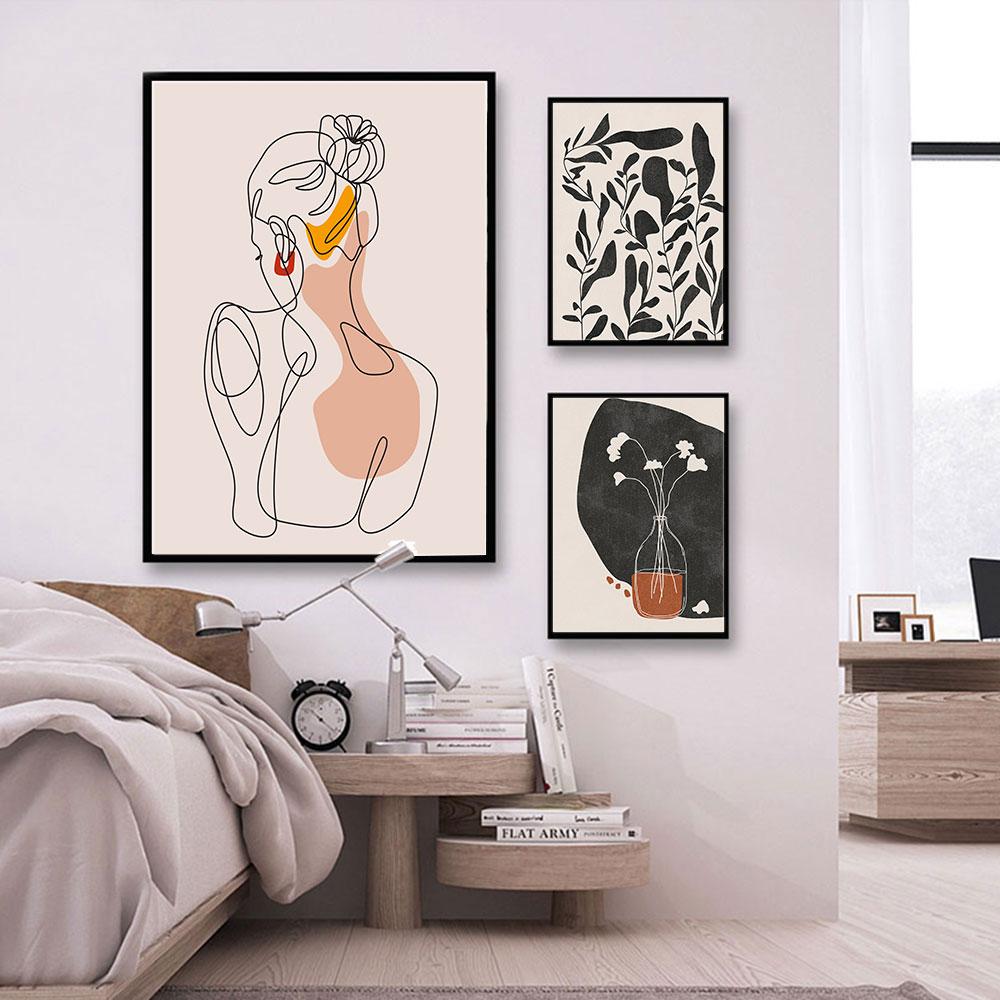 Boho Botanical Leaf Poster Flower Vase Woman Line Art Print Abstract Canvas Painting Modern Wall Picture Living Room Home Decor