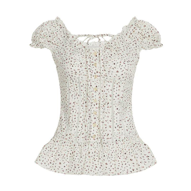 

Женская одежда в европейском и американском стиле, французский усадебный стиль, шнуровка, рукава-буфы, цветочная рубашка, уменьшающая возраст, для молодых взрослых, топы на пуговицах с приталенным силуэтом, лето Beige L