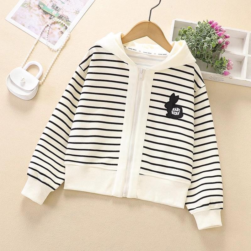 Stylish Striped Girls Jacket Spring Autumn Versatile Outerwear For Big Kids Fashionable Top 120 бежевый
