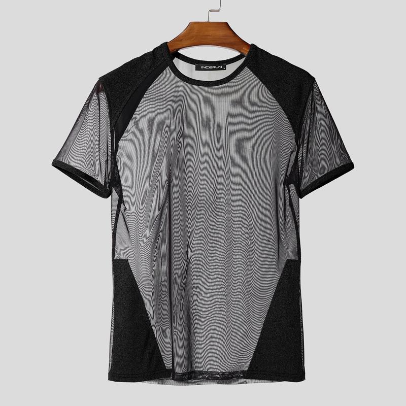 

INCERUN Мужские Клубные Футболки с Коротким Рукавом, Сетчатые, Прозрачные, Лоскутные Топы 5XL чёрный
