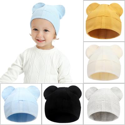 1 Set Baby Hat Mittens Dual Ears Stretchy Thicker Soft Cozy Keep Warm Solid Color Autumn Winter Infant Boys Girls Cap Gloves for Outdoor