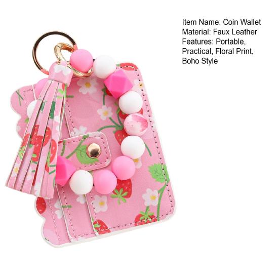 Ladies Wristlet Wallet Floral Print Wallet Beaded Wristlet Keychain with Tassel Coin Wallet Card Holder for Street Daily Outings