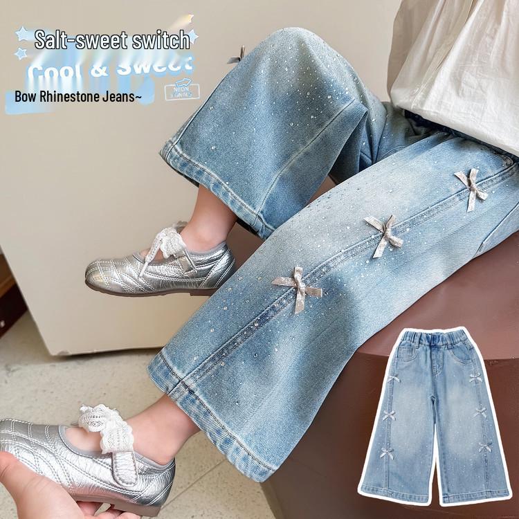 Girls' 2026 Spring Rhinestone Star Denim Jeans - Drapey Straight-Leg Casual Pants