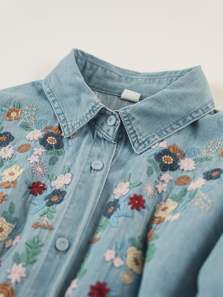 Women's Retro Cartoon Embroidered Cotton Denim Shirt - Long Sleeve, Casual Top for Spring/Autumn 2025