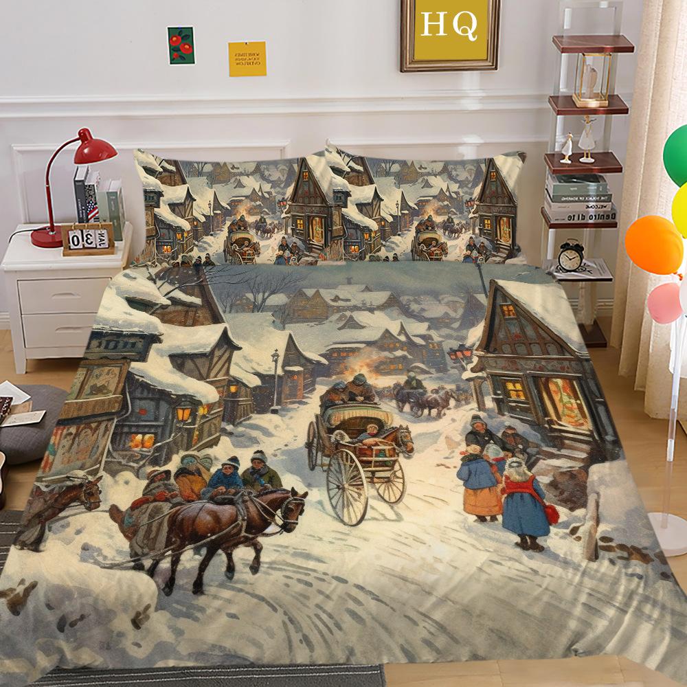 Christmas Carriage Snow Scene 3D Printed Polyester Pillowcase Quilt Cover Two Or Three-Piece Set Can Be