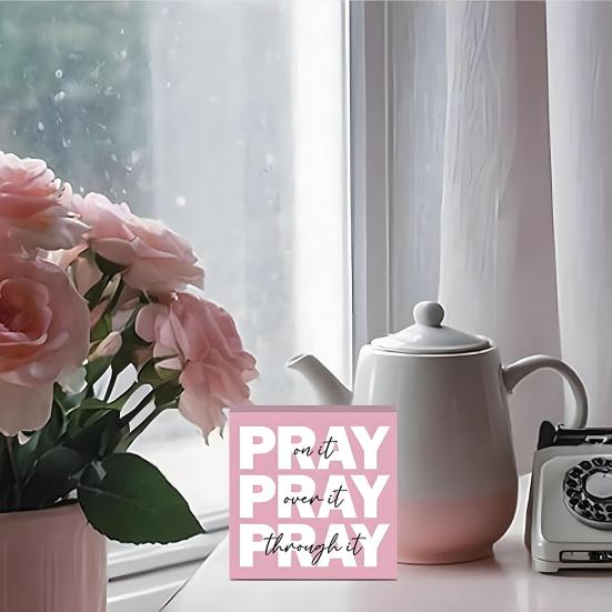 Pray on It Wooden Sign Pink Prayer Room Decor for Women Inspirational Christian Desk Sign for Dorm Room Bedroom Office Decor