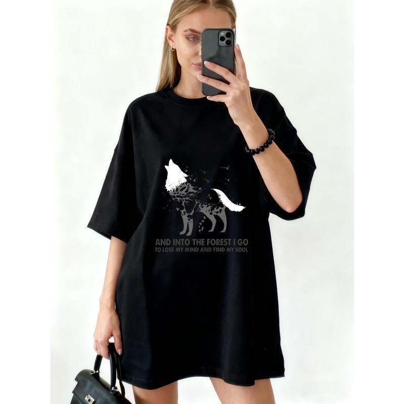 Oversized T-Shirt Black Wolf Graphic And Into The Forest I Go To Lose My Mind And Find My Soul Print Casual Streetwear For Women