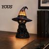 Bokhylleside Lampe Halloween Heks Katt Nattlys, Harpiks Bord med Varm Lue Glød, Gotisk Hjemmeinnredning for Soveromshylle, Skummel Gave Atmosfærisk