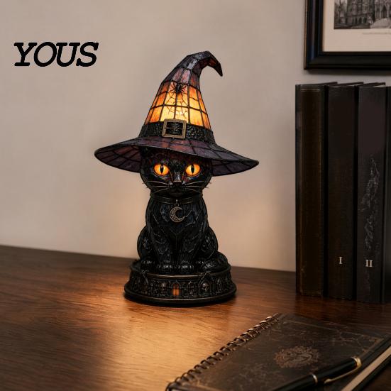 Lampada d'accento per libreria Gatto Strega di Halloween Luce Notturna, Tavolino in Resina con Cappello Caldo Luminoso, Decorazione per la Casa Gotica per Scaffale della Camera da Letto, Regalo Spettrale Atmosferico