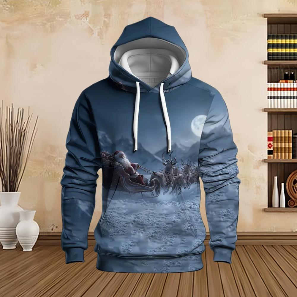 New in Sweatshirts Christmas Santa with Snowman Graphic Print Men's Cozy Drawstring Long Sleeve Pullover Sweatshirt Hoodie Tops