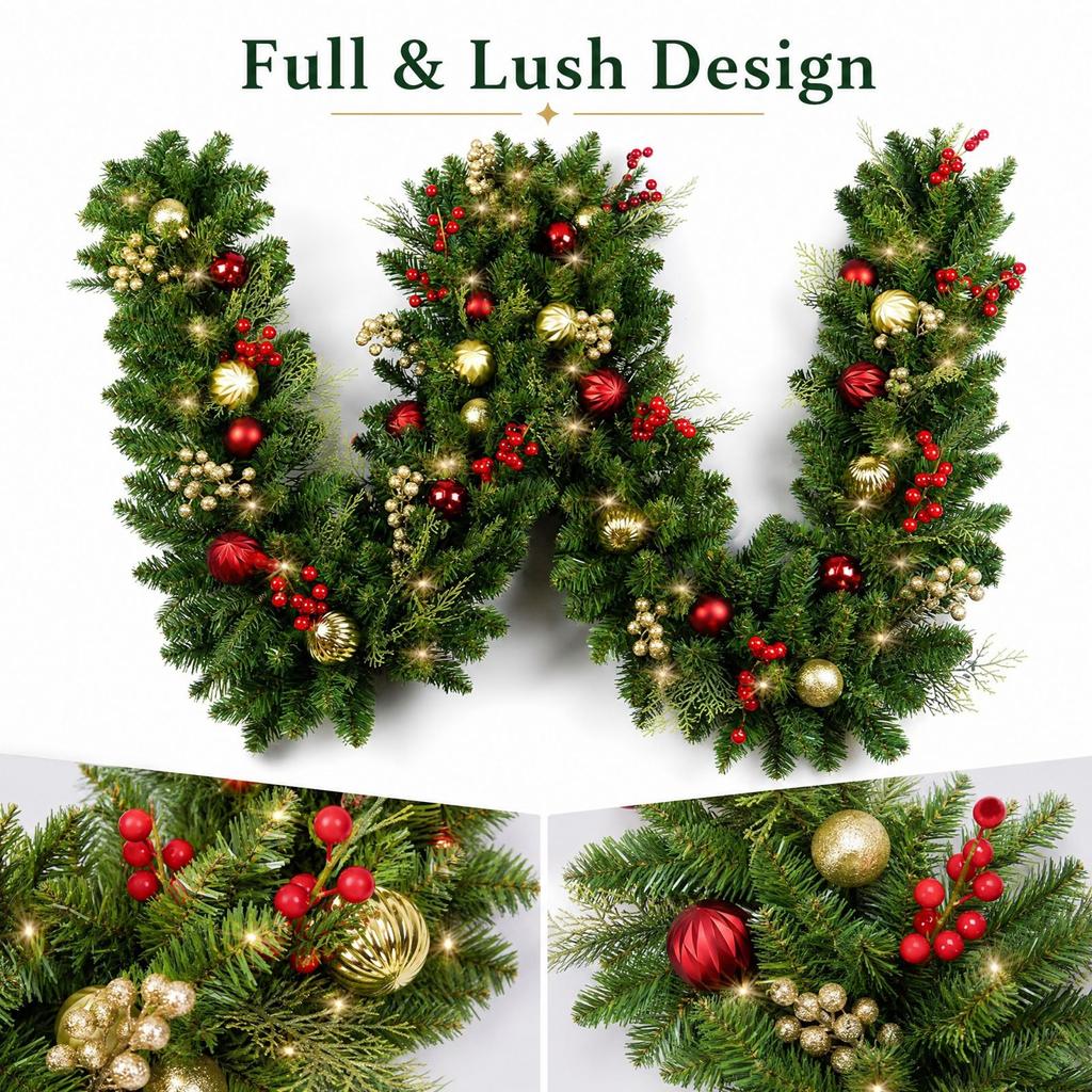 Christmas Garland with Lights, Red and Gold Ball Ornaments, Artificial Branches with Red Berries for Fireplace Mantel Door Decor