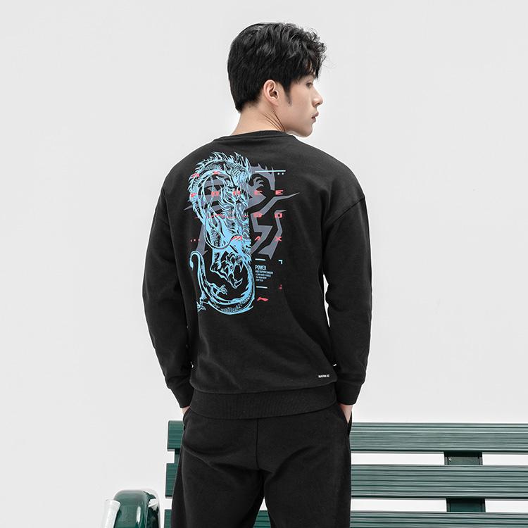 Li Ning Badminton Series Thunder Dragon Print Sports Casual Pullover Crewneck Sweatshirt Men sweatshirt Black AWDSE89-1
