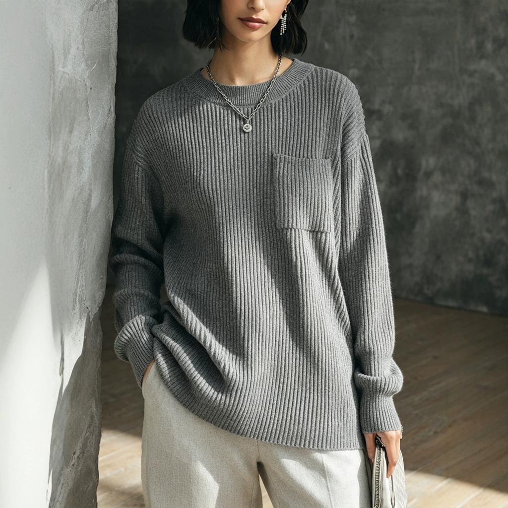 Ladies Long Sleeve Round Neck Knitted Sweater with Pocket Lazy Style Cotton Blend Comfortable Fit Autumn Winter Arrival