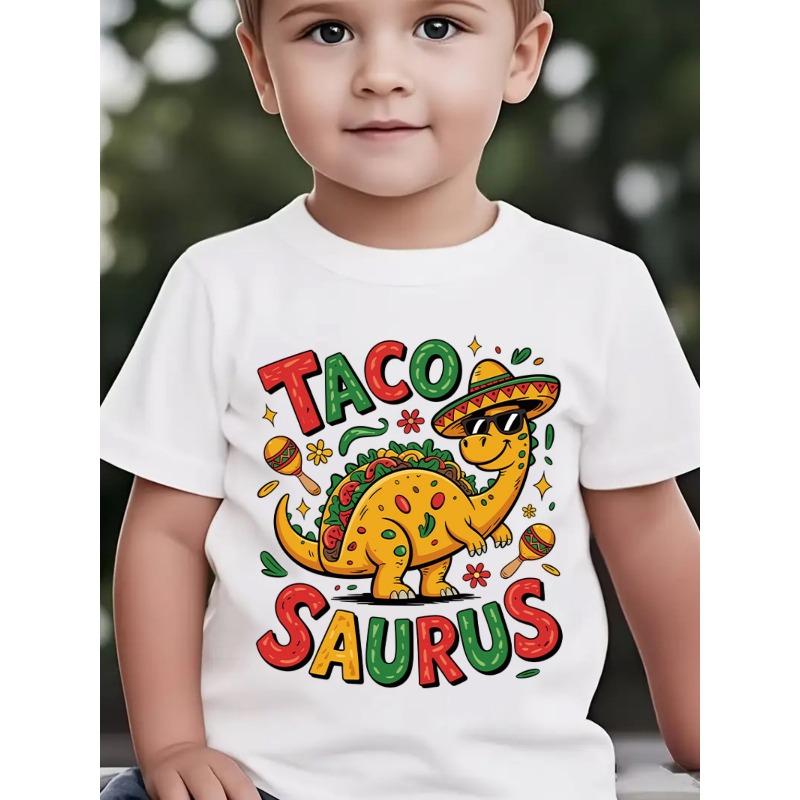 European Size Summer Boys Stylish Short Sleeve Taco Saurus Dinosaur Themed Print Outdoor Casual Top