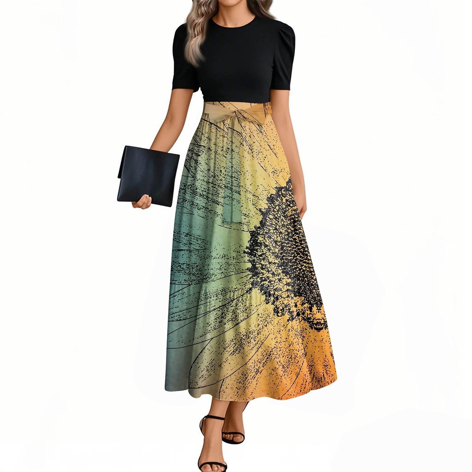 

Женская мода повседневная пояс с коротким рукавом круглый вырез винтажные цветочные сращивания элегантные темпераментные платья S жёлтый