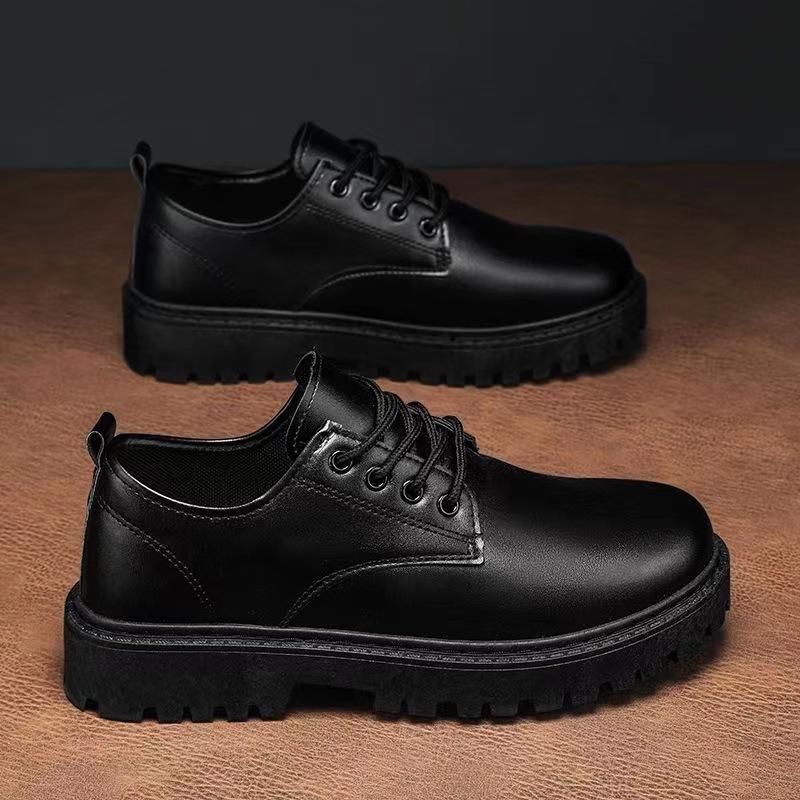 Four Seasons PU thick-soled soft-soled casual leather shoes waterproof soft leather surface all black leather shoes