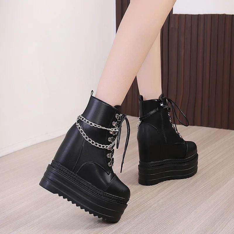 Fashion 14cm PU Microfiber Platform Wedge Women Ankle Boots Winter Plush Autumn Spring Women Shoes Hidden Super Heels British ZIP