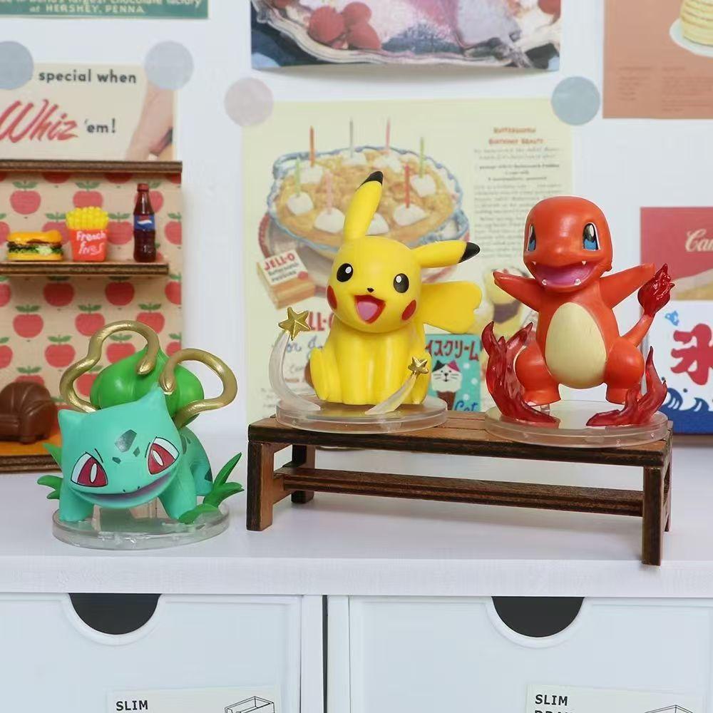 6Pcs Anime  Scene Elf Cute Pikachu Eevee Psyduck Charmander Squirtle Bulbasaur Model Car Decoration Figure Doll Toys Gift