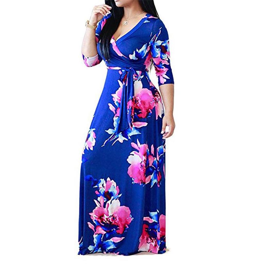 Women's Long Sleeve V Neck Tie Print Long Plus Size Dress