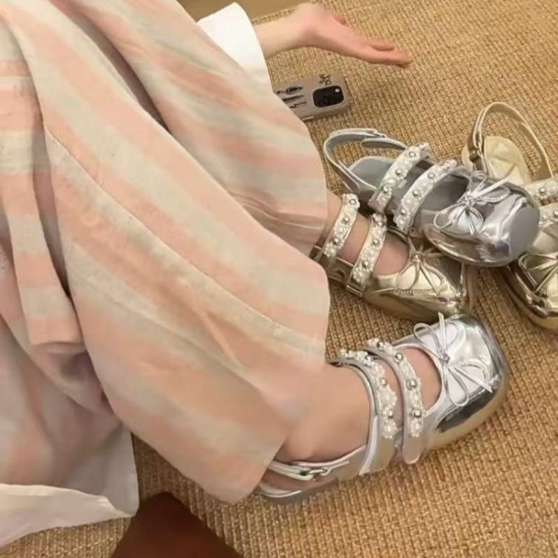 Fashion Fashion Bow Flat Shoes Women's Spring and Summer New Square Toe Shallow Mouth Beaded Soft Sole Non-slip Ballet Shoes