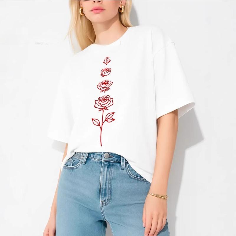 Cotton Shortsleeved Tshirt Summer New Fashion Personality Rose Print Top Women Oversized T Shirt Women Clothes S