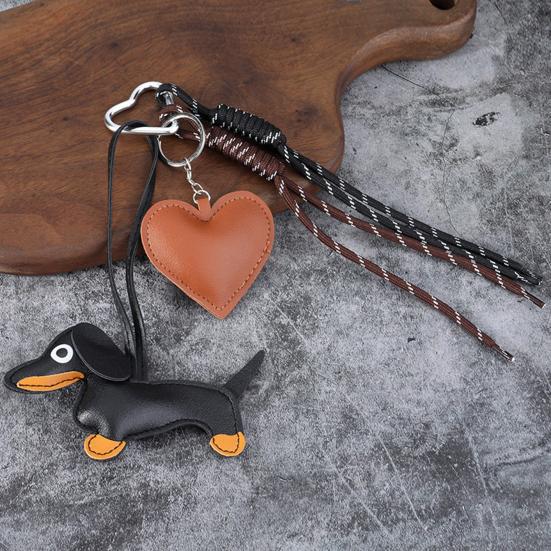 Dachshund Keychain Pendant Faux Leather Pendant, Cartoon Dog Hanging Decor with Braided Rope, Handbag Decorative Accessories Metal Carabiner Charm