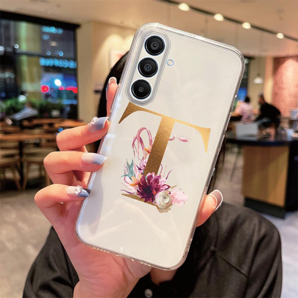 Transparent Phone Case Flowers Golden Rose Letters For Samsung Galaxy A55 A15 A25 A35 A07 A17 A06 A37 A57 Silicone Clear Cover