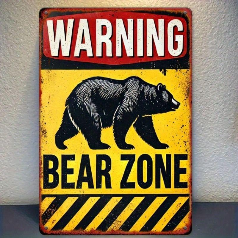 Póster de Metal Señal de Advertencia Vintage Decoración de Oso Negro Amarillo Arte de Pared de Seguridad para Exteriores