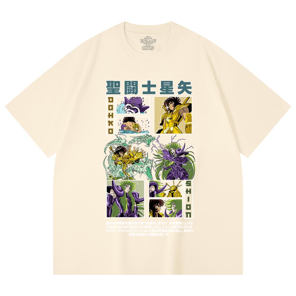 

230 г/м² 100% хлопок Saint Seiya V5 Дохко Шион Принт Унисекс Тяжелая Хлопковая Футболка XS абрикосовый