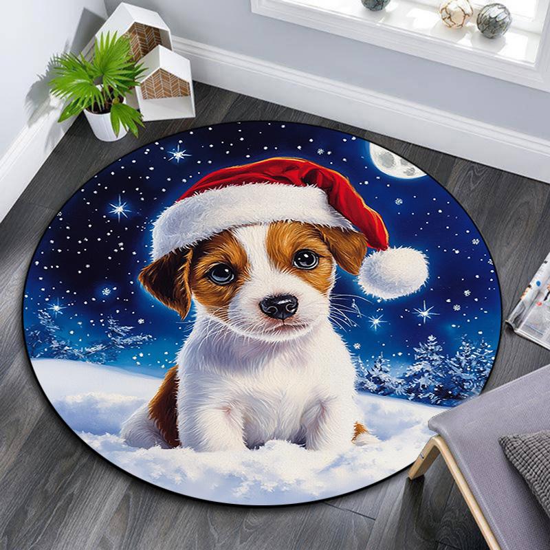 Christmas Puppy Round Area Rug,Carpet Rug for Living Room Bedroom Sofa Playroom Decor,Non-slip Floor Mat