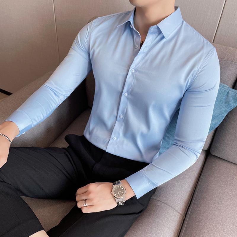 Chemise à manches longues pour homme Nouvelle Mode Affaires Slim Couleur unie Chemise à manches longues Hauts pour hommes
