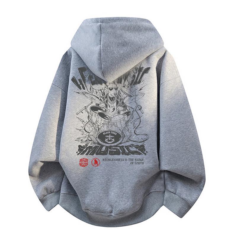 Men's Trendy American-Style Fleece-Lined Winter Hoodie – Thick, Warm, Printed, Loose Fit Jacket