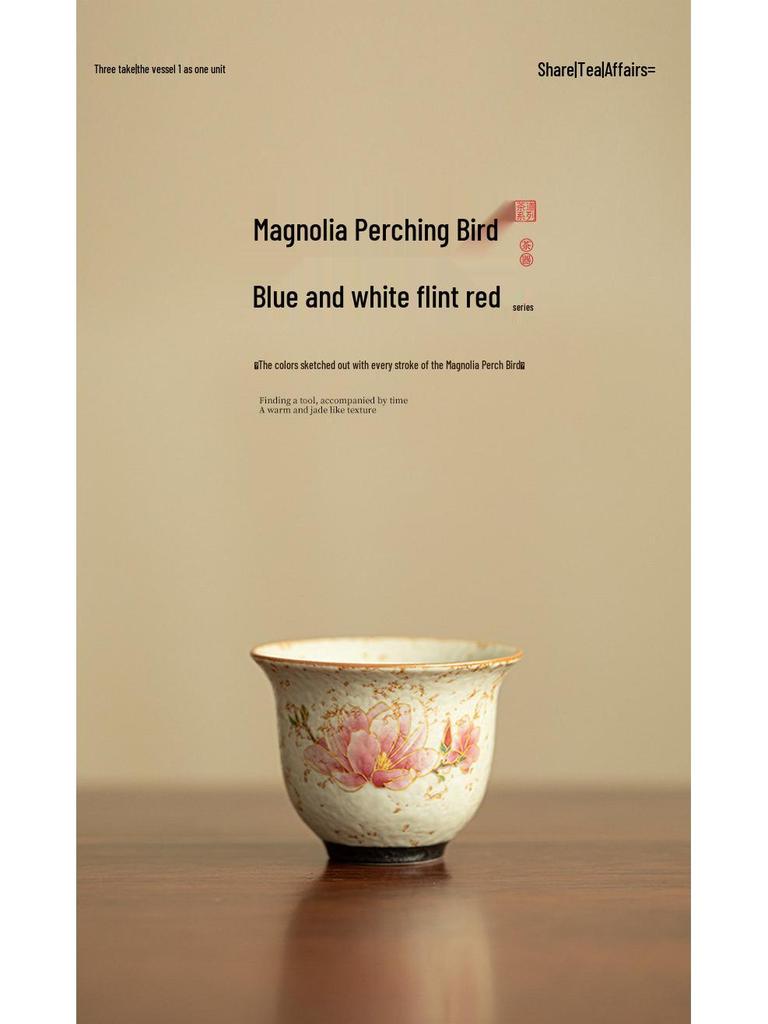 Chinese Style Blue & White Tea Cup with Red Magnolia Bird Design - Small, Anti-Scald Ceramic for Home Use