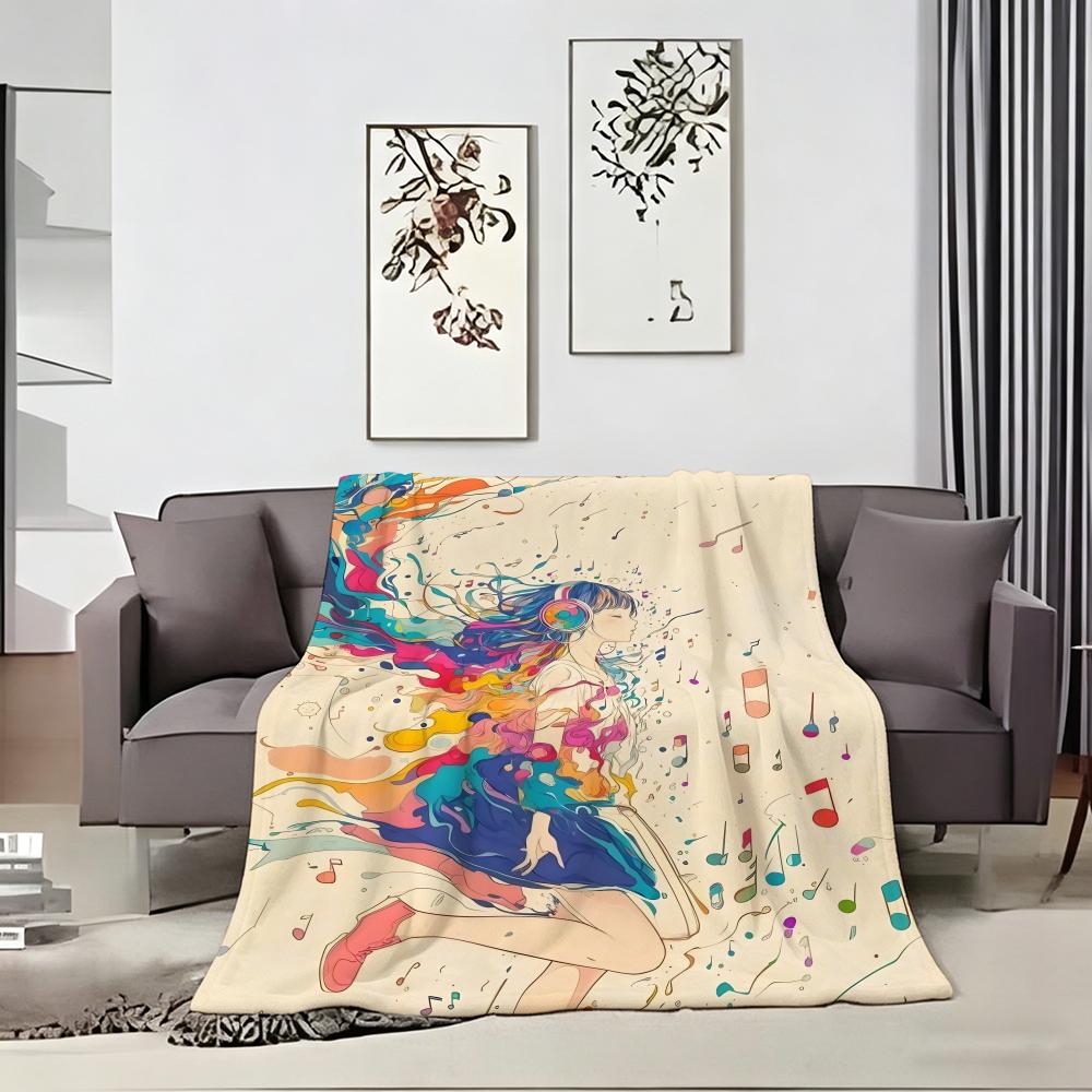 Music Dream Girl Watercolor Girl Throw Lightweight 240g Flannel Blanket Soft Skin-friendly for Summer Cooling