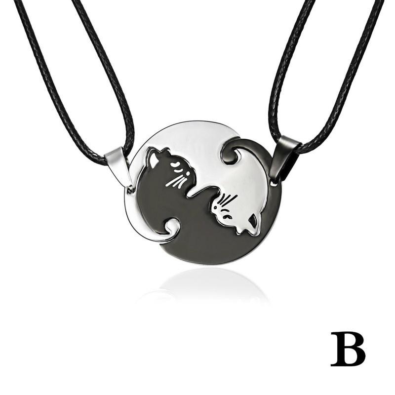 1 Pair Splice Cat Couple Necklace Stainless Steel Love Heart Round Pendant Necklace Valentine's Day