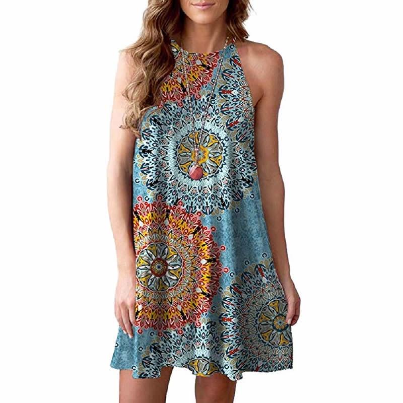 Elegant Women Fashion Splicing Color Print Hanging Neck Hem Mini Dress In Premium Quality Materials