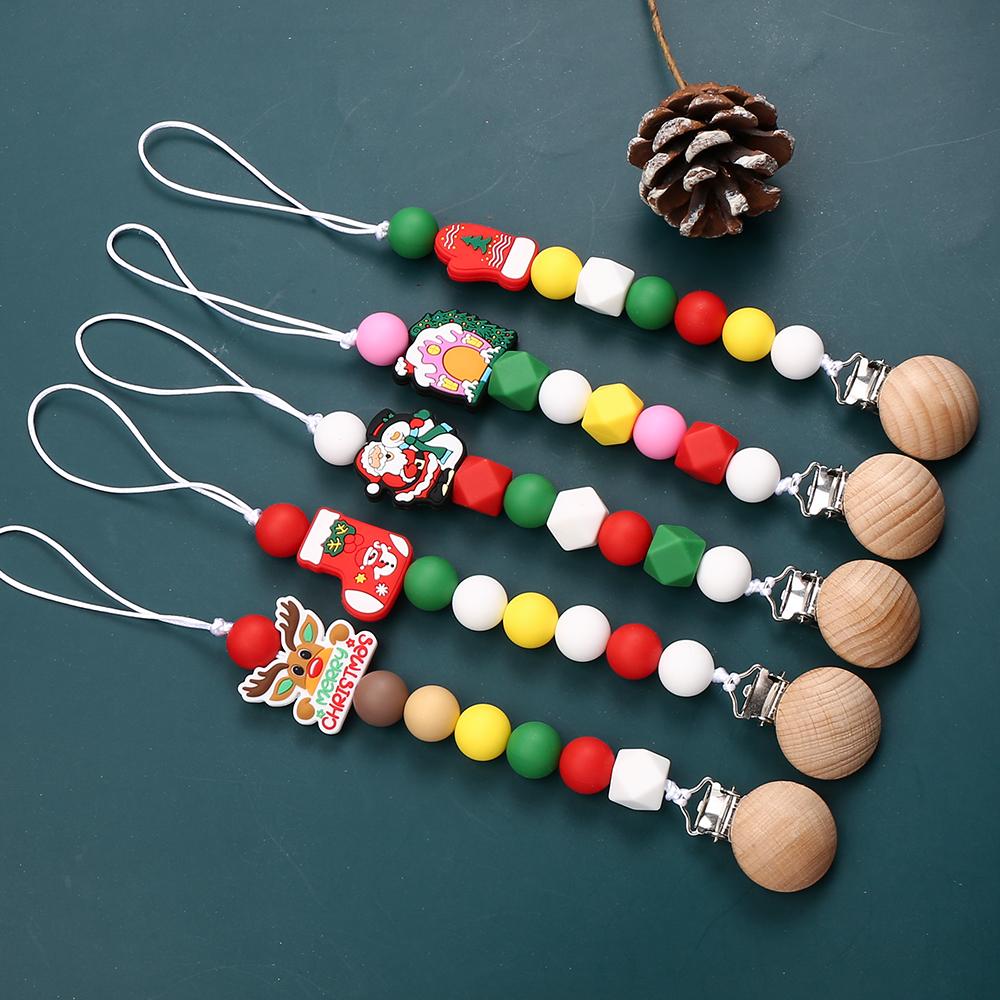 Silicone christmas Beads Pacifier Clips Wood Chew Dummy Chain Holder Infant Soother Chains Nipple Holder Baby Teething Toy Gifts
