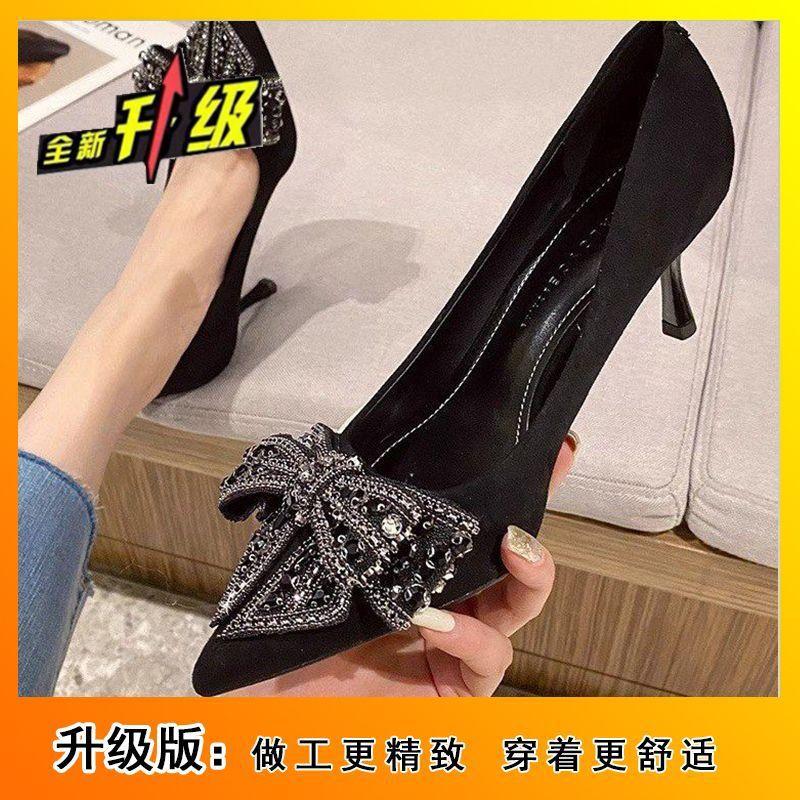 Bow Rhinestone Black High Heels Women's Thin Heels Spring and Autumn with Skirt Sexy Pointed Temperament Single Shoes