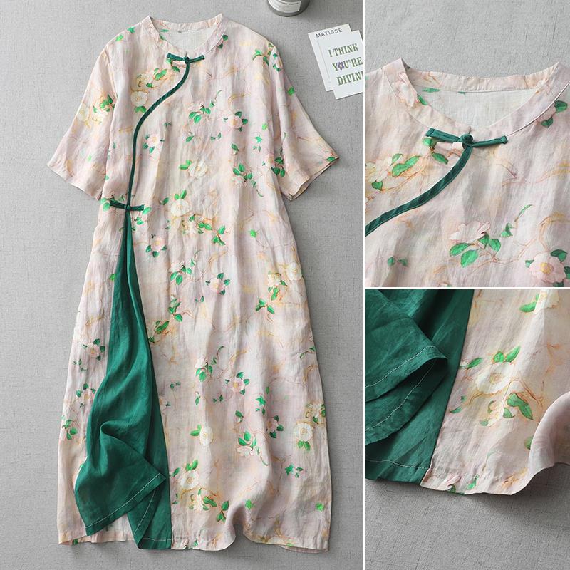 2026 New Style Floral Cotton Linen Cheongsam Dress - Plus Size Slimming & Tummy Concealing Long Skirt