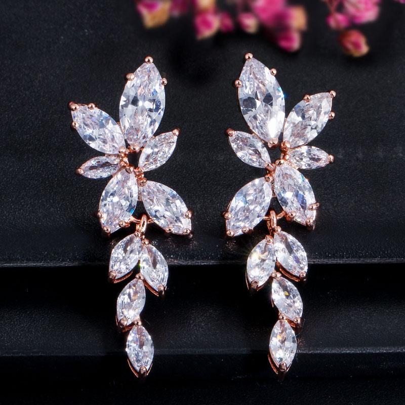 Ircons Marquise Cut Cluster Flower Zirconia Crystal Dangle Drop Earrings Shiny Leaf Bridal Wedding Jewelry for Women CZ438 розового золота
