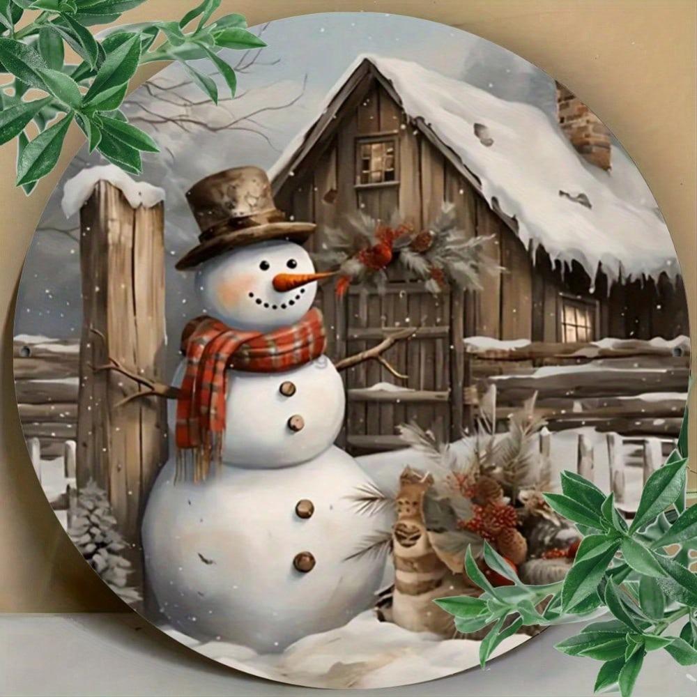 Vintage Snowman Metal Wall Art Round Iron Sign Winter Cabin Decor for Home Kitchen Cafe Bar Christmas Holiday