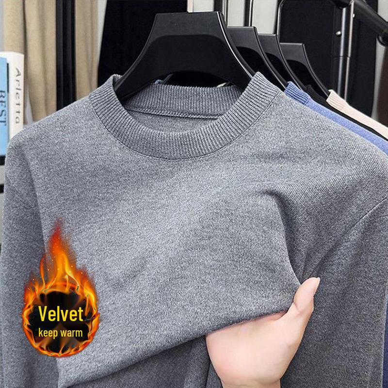 Men's Velvet Knitted Round Neck Sweater - Thick Warm Base Layer for Autumn/Winter.